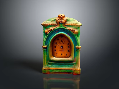 Vintage Colorful Mantel Clock Furniture With Green Yellow Frame And Ornate Top Decoration 3d model