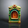 Vintage Colorful Mantel Clock Furniture With Green Yellow Frame And Ornate Top Decoration