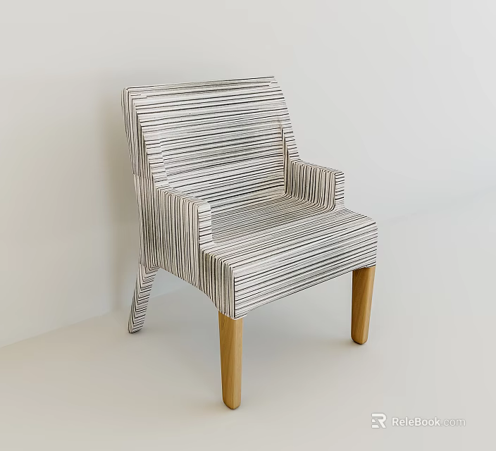 Gray And White Striped Accent Chair With Wooden Legs Modern Design 3d model 