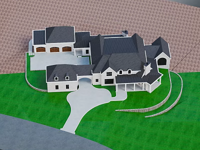 Residential Building Model With White Exterior Dark Roof Green Lawn And Winding Driveway 3d model