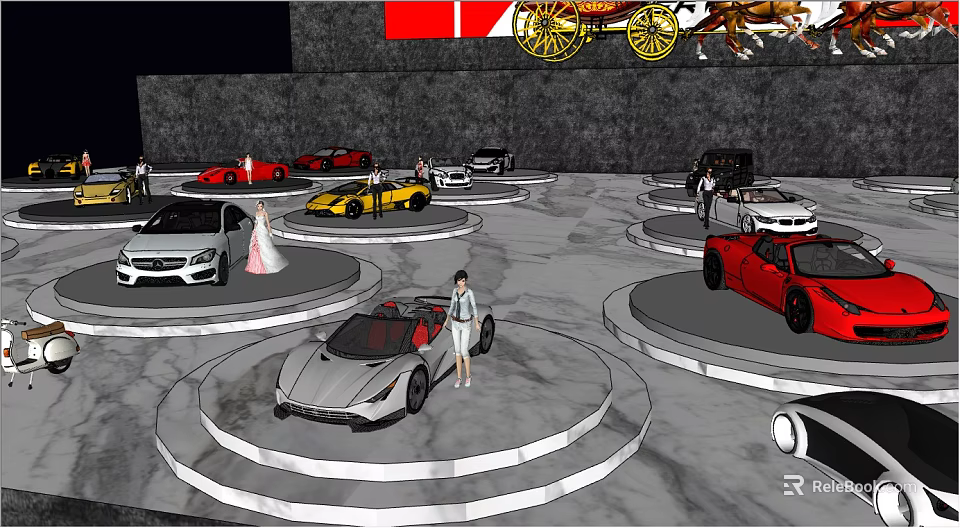 Colorful Cars On Circular Platforms In Auto Showroom With Visitors Exploring 3d model 