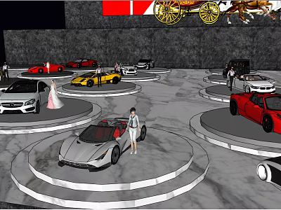 Colorful Cars On Circular Platforms In Auto Showroom With Visitors Exploring 3d model