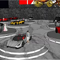 Colorful Cars On Circular Platforms In Auto Showroom With Visitors Exploring