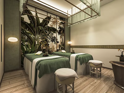 Spa Sauna Interior with Green Massage Beds Tropical Plant Murals Soft Lighting Relaxing Atmosphere 3d model