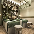 Spa Sauna Interior with Green Massage Beds Tropical Plant Murals Soft Lighting Relaxing Atmosphere