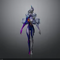 3D Rendered Fantasy Female Character with White Hair Blue Horn Purple Blue Outfit Red Decoration