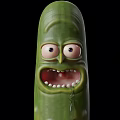 Pickle Rick Character From Rick And Morty With Green Body Large Eyes Open Mouth
