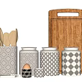 Stylish Kitchen Storage Jars With Geometric Patterns Wooden Cutting Board And Spoons Set 3d model
