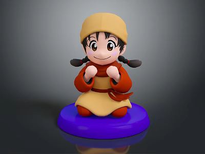 3D Cartoon Girl Figurine With Pigtails Yellow Hat Red Outfit And Blue Base 3d model