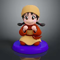 3D Cartoon Girl Figurine With Pigtails Yellow Hat Red Outfit And Blue Base