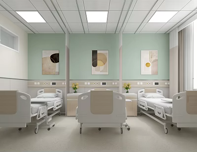 Modern Hospital Ward Interior Featuring Hospital Beds Light Green Walls And Decorative Paintings 3d model
