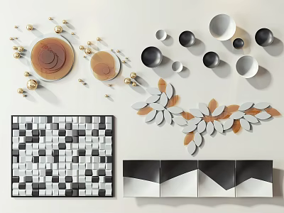 Modern Wall Decor With Circular Plates Leaf Shaped Accents Square Grid And Wavy Panels 3d model