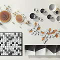 Modern Wall Decor With Circular Plates Leaf Shaped Accents Square Grid And Wavy Panels 3d model