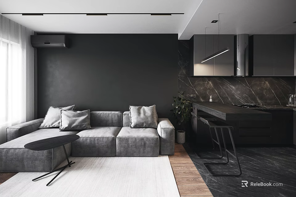 Modern Living and Dining Area Interior With Grey Sofa Black Wall And Marble Countertop 3d model 