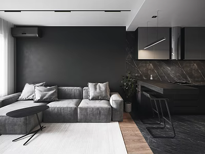 Modern Living and Dining Area Interior With Grey Sofa Black Wall And Marble Countertop 3d model