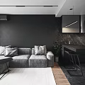 Modern Living and Dining Area Interior With Grey Sofa Black Wall And Marble Countertop
