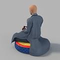 Bald man in gray robe sitting cross-legged on colorful cushion holding wooden bowl