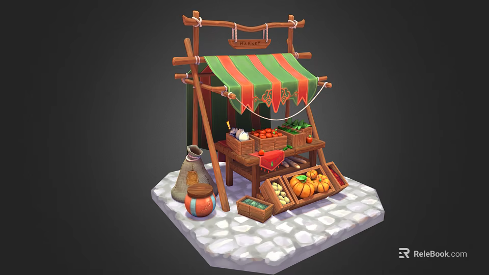 Wooden Fruit Market Stall With Green Red Striped Awning And Fresh Fruits On Cobblestone Ground 3d model 