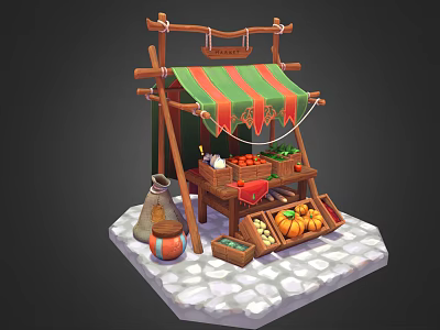 Wooden Fruit Market Stall With Green Red Striped Awning And Fresh Fruits On Cobblestone Ground 3d model
