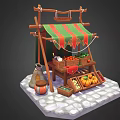 Wooden Fruit Market Stall With Green Red Striped Awning And Fresh Fruits On Cobblestone Ground