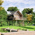 Modern Detached Villa on Stilts with Wooden Deck Green Lawn and Trees