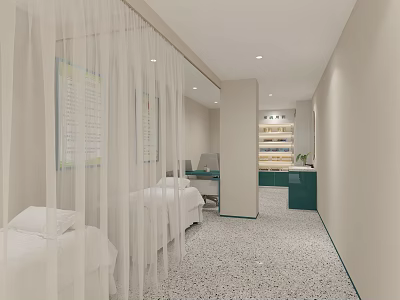 Beauty Treatment Room Interior With White Beds Curtains Green Cabinets And Speckled Tiles 3d model