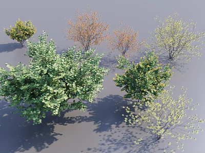 Different Types of Shrubs Featuring Green Orange Yellow Foliage and Spring Blossoms 3d model