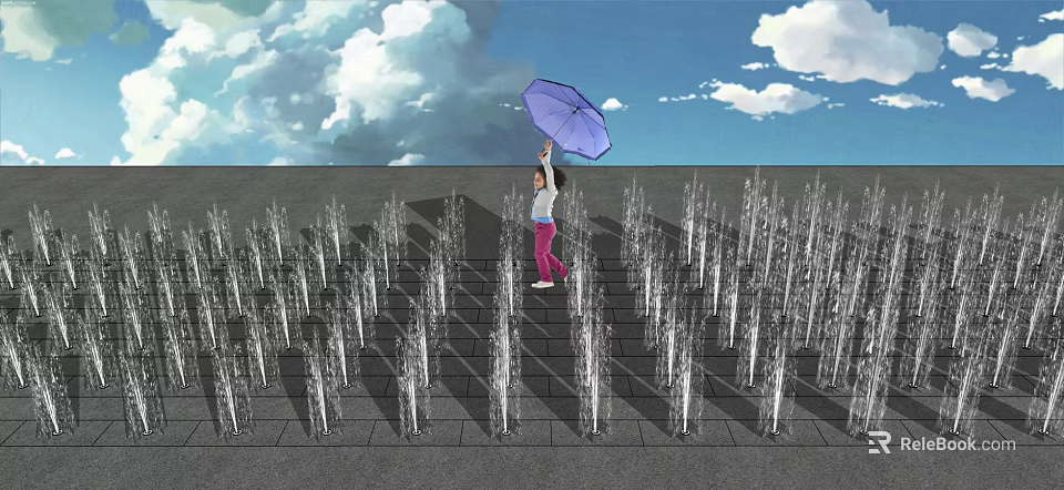Array of Fountains Under Blue Sky with White Clouds and Purple Umbrella 3d model 