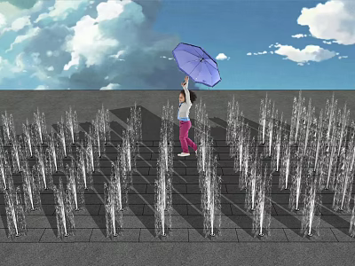 Array of Fountains Under Blue Sky with White Clouds and Purple Umbrella 3d model