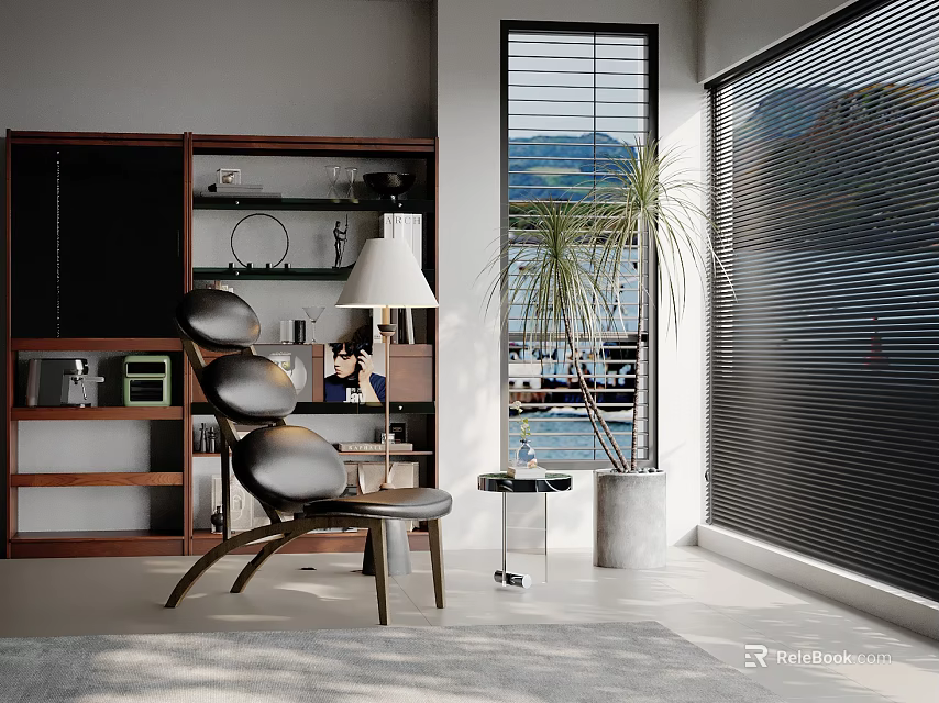 Decorative Ornament Combination In Modern Interior With Wooden Shelf Chair Lamp Plant And Lake View 3d model 