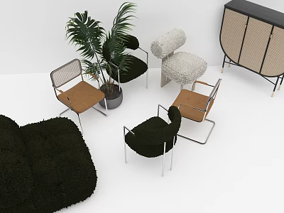 Modern Leisure Chairs With Potted Plant And Woven Cabinet In Stylish Interior 3d model