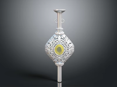 Ornamental Silver Carved Decorative Pillar With Yellow Round Accent And Top Candle Holder 3d model