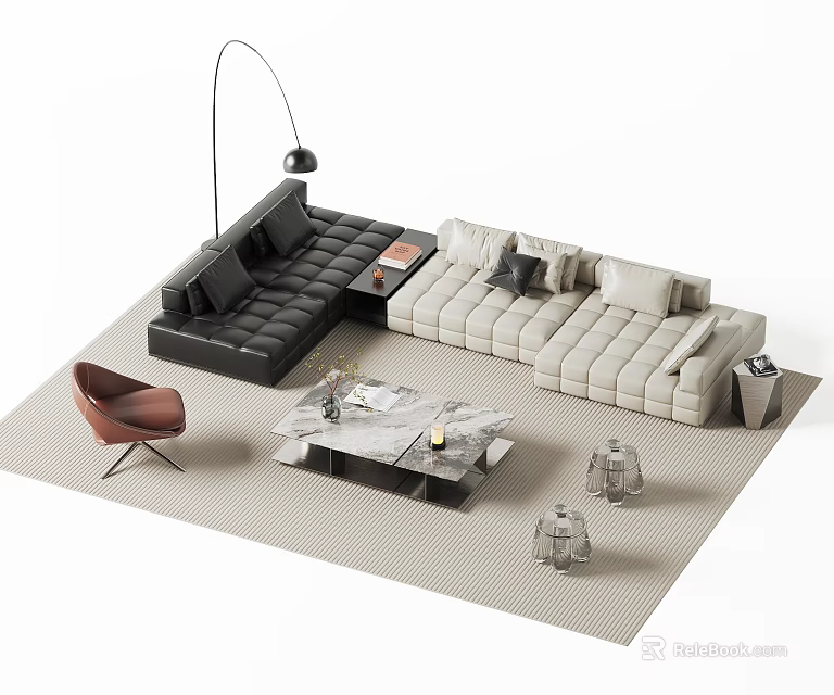 Modern Sectional Sofa and Marble Coffee Table with Brown Chair Floor Lamp on Rug 3d model 