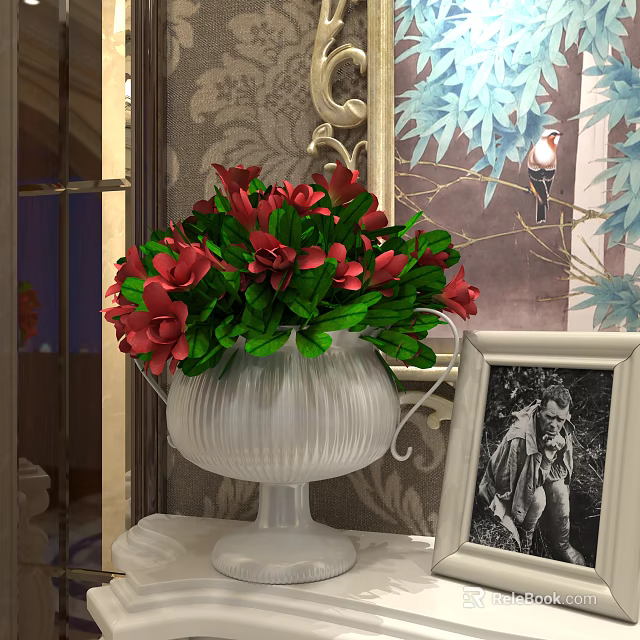 White Vase With Red Flowers And Green Leaves In Elegant Interior With Damask Wallpaper 3d model 