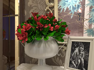 White Vase With Red Flowers And Green Leaves In Elegant Interior With Damask Wallpaper 3d model