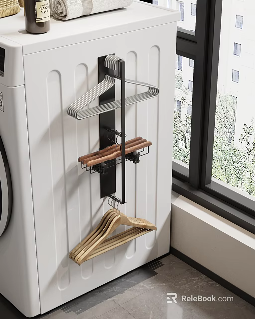 Wall Mounted Metal Shelf With Wooden Hangers For Laundry Room Storage 3d model 