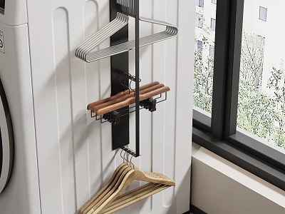 Wall Mounted Metal Shelf With Wooden Hangers For Laundry Room Storage 3d model