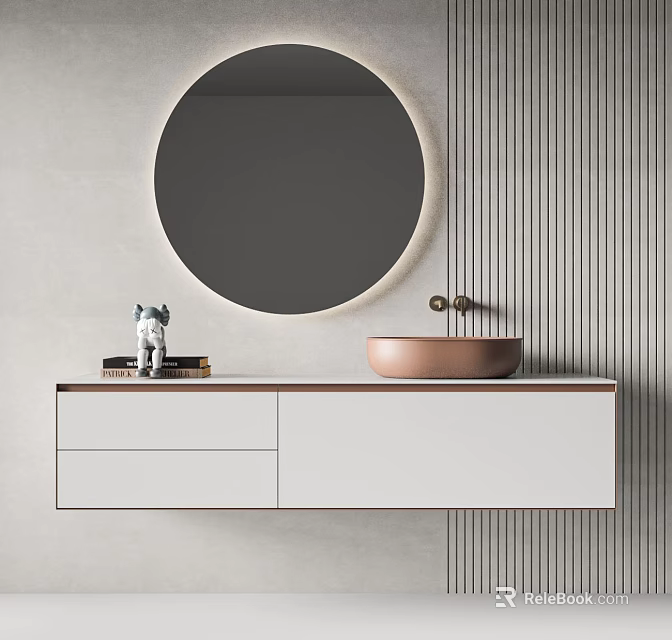 Modern Bathroom Vanity With Circular Mirror Copper Basin And Wooden Cabinet 3d model 