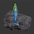 Beautiful Mythical Mermaid With Red Hair And Blue Tail Standing On Gray Rock