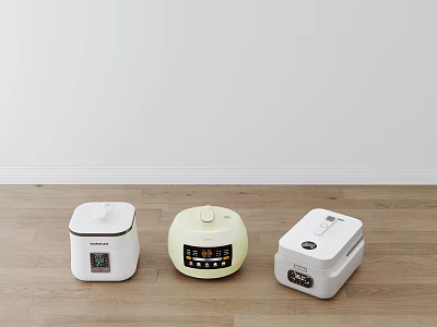 Modern Kitchen Appliances With Different Rice Cookers In White And Beige On Wooden Floor 3d model