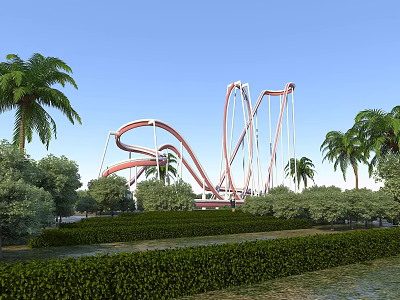 Thrilling Amusement Park Featuring Giant Roller Coaster Palm Trees And Lush Green Landscaping 3d model