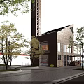 Commercial Street With Brick Building Tower Trees And Pedestrian Walkway Design