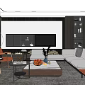 Modern Living Room With Sofa Orange Chairs TV Cabinet And Bookshelf