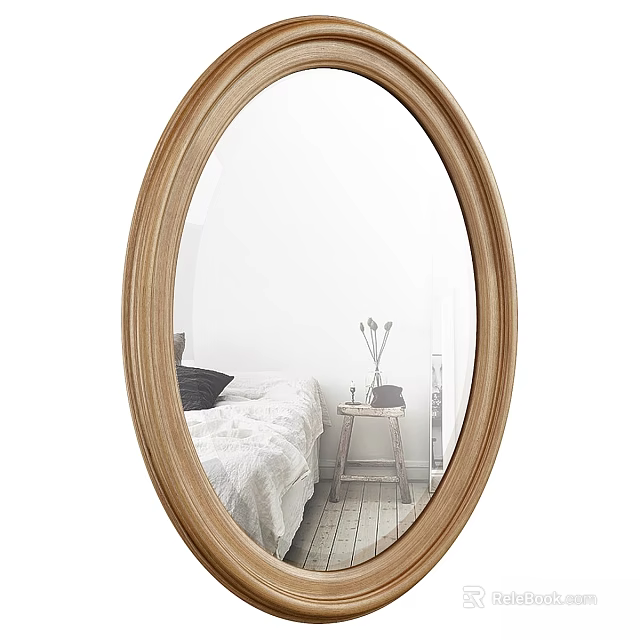 Oval Wooden Framed Mirror Reflecting Cozy Bedroom Interior With Bedside Table And Flower Vase 3d model 