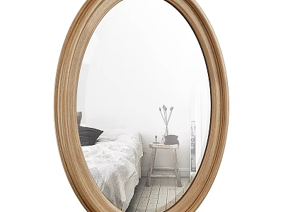 Oval Wooden Framed Mirror Reflecting Cozy Bedroom Interior With Bedside Table And Flower Vase 3d model
