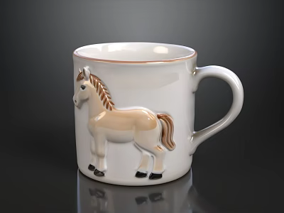 White Ceramic Mug With Brown Rim And Cute Horse Design On Black Background 3d model