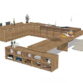 Modern Wooden Dining Table Set With Open Shelves Countertop Decorative Plants And Stools