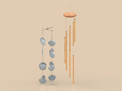 Decorative Ornament Set with Hanging Metal Light Blue Circles and Wooden Top Long Bars 3d model