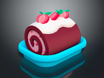 Delicious Dark Red Cake Roll With White Cream And Fresh Strawberries On Blue Plate 3d model
