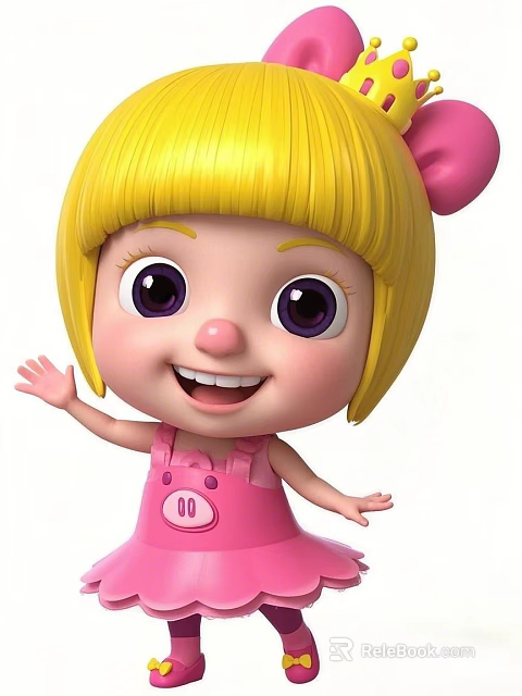 Cartoon Female Character With Blonde Short Hair Pink Bow And Pink Overalls Smiling Waving Hand 3d model 